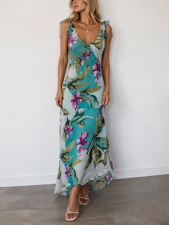 Jean Basic Dresses & Skirts - Jean Basic Turquoise Tropical Floral Maxi Dress